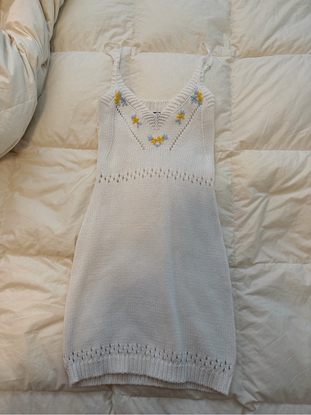 White Knit Floral-Embroidered Womens Dress